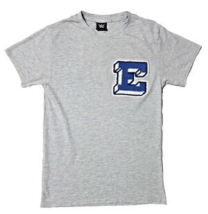 WWE Big E Ripple Junction Grey T-Shirt Blue Chenille Varsity Patch Size S 2022
